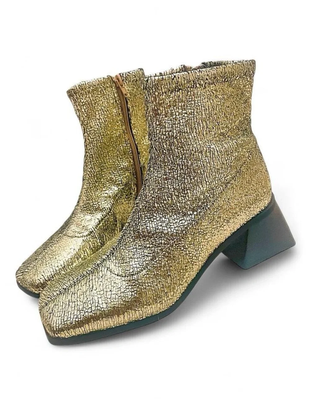 Katy Perry Lolette Gold Metallic Stretch Ankle Block Heel Square Boots NWOB 7.5